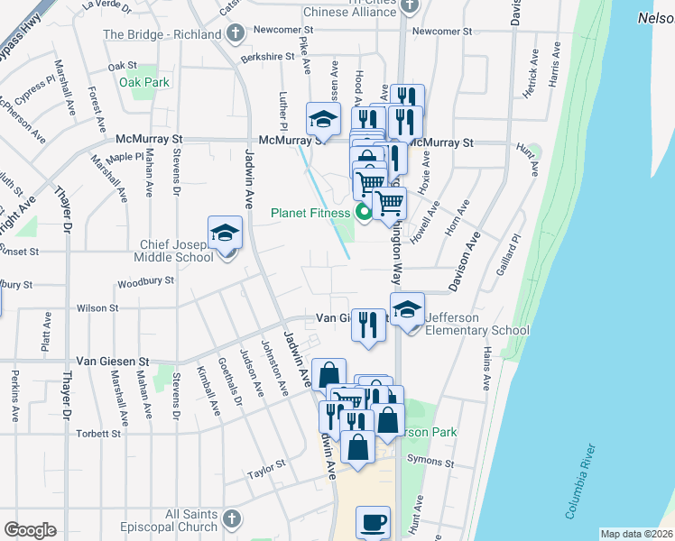 map of restaurants, bars, coffee shops, grocery stores, and more near 1650 Mowry Square in Richland