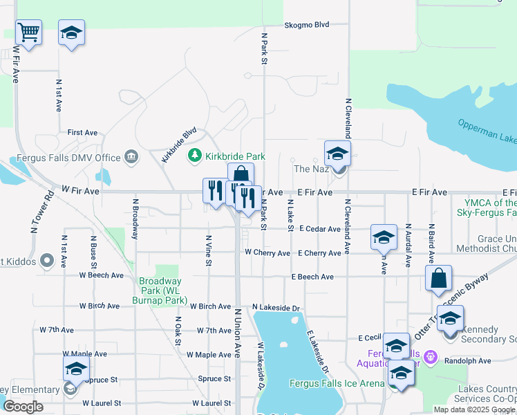 map of restaurants, bars, coffee shops, grocery stores, and more near 1223 North Park Street in Fergus Falls