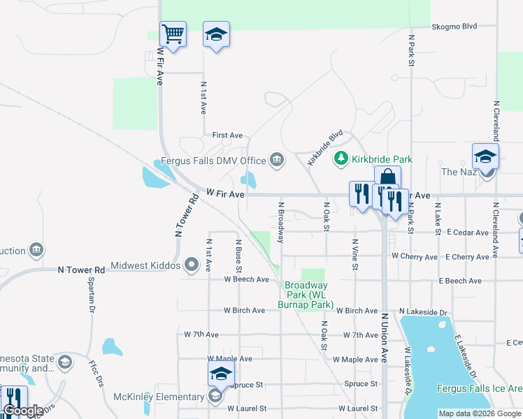 map of restaurants, bars, coffee shops, grocery stores, and more near 623 West Fir Avenue in Fergus Falls