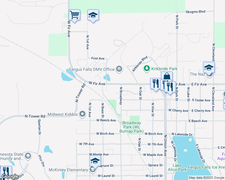map of restaurants, bars, coffee shops, grocery stores, and more near 623 West Fir Avenue in Fergus Falls