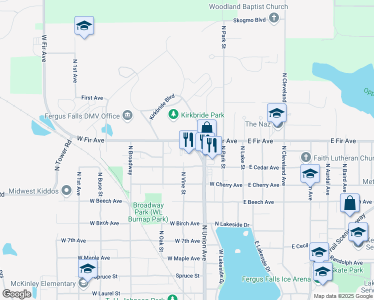 map of restaurants, bars, coffee shops, grocery stores, and more near 1225 North Union Avenue in Fergus Falls