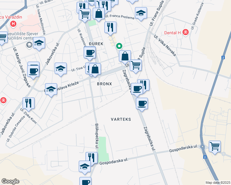map of restaurants, bars, coffee shops, grocery stores, and more near 8a Ulica Stjepana Vukovića in Varaždin