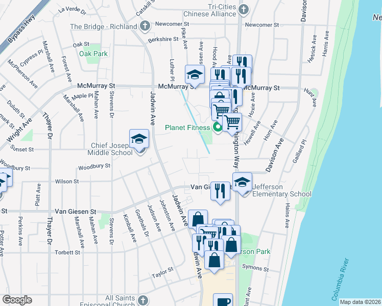 map of restaurants, bars, coffee shops, grocery stores, and more near 200 Waldron Street in Richland