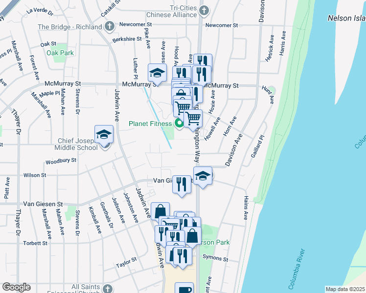 map of restaurants, bars, coffee shops, grocery stores, and more near 1621 George Washington Way in Richland