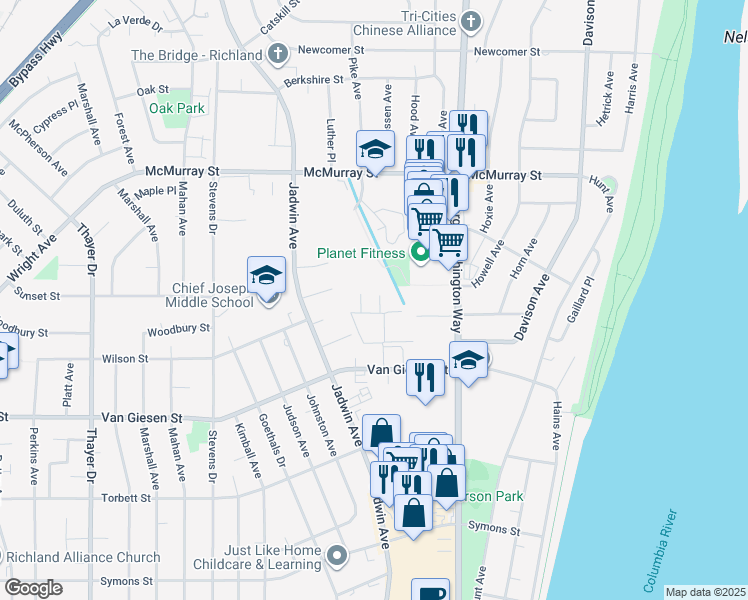 map of restaurants, bars, coffee shops, grocery stores, and more near 1659 Mowry Square in Richland
