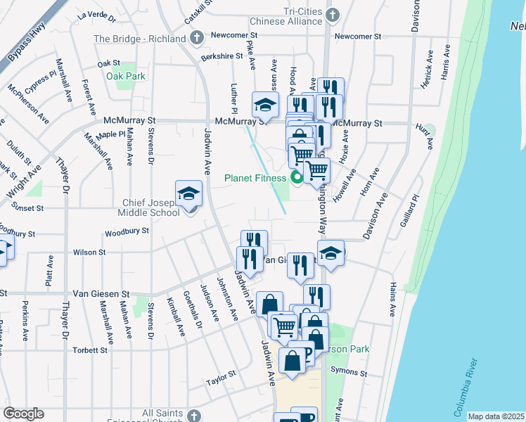 map of restaurants, bars, coffee shops, grocery stores, and more near 1659 Mowry Square in Richland