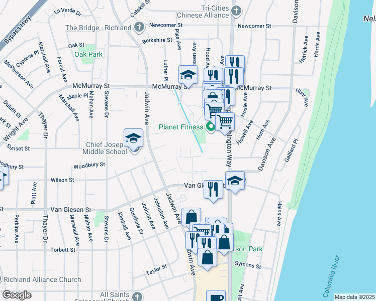 map of restaurants, bars, coffee shops, grocery stores, and more near 200 Waldron Street in Richland