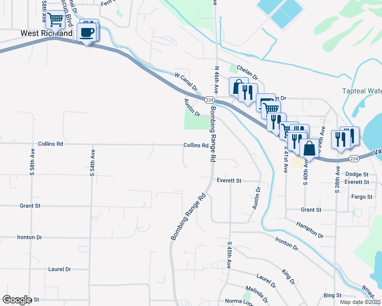 map of restaurants, bars, coffee shops, grocery stores, and more near 4105 Collins Road in West Richland