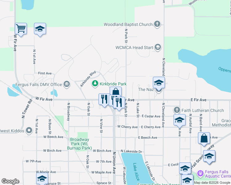 map of restaurants, bars, coffee shops, grocery stores, and more near 1348 North Union Avenue in Fergus Falls