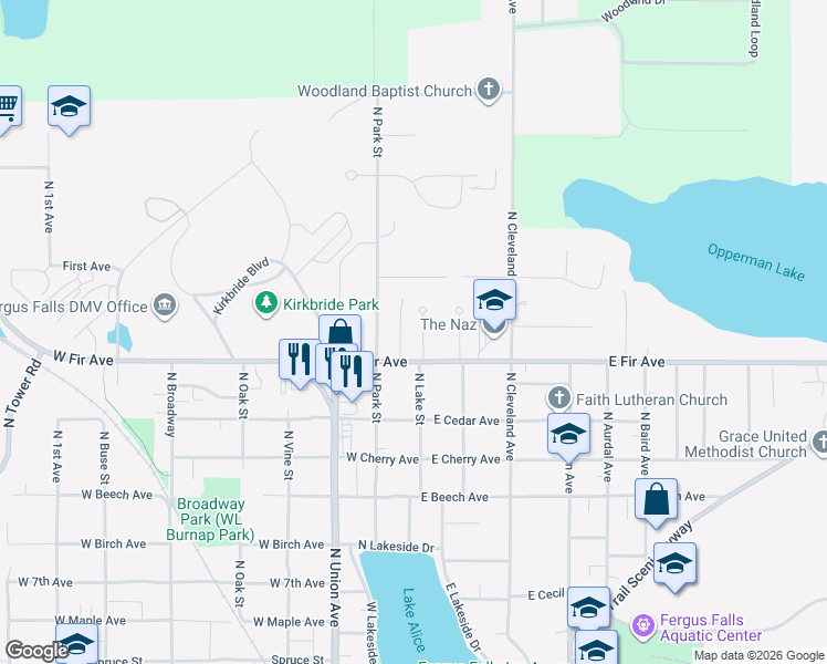 map of restaurants, bars, coffee shops, grocery stores, and more near 1317 Linwood Court in Fergus Falls