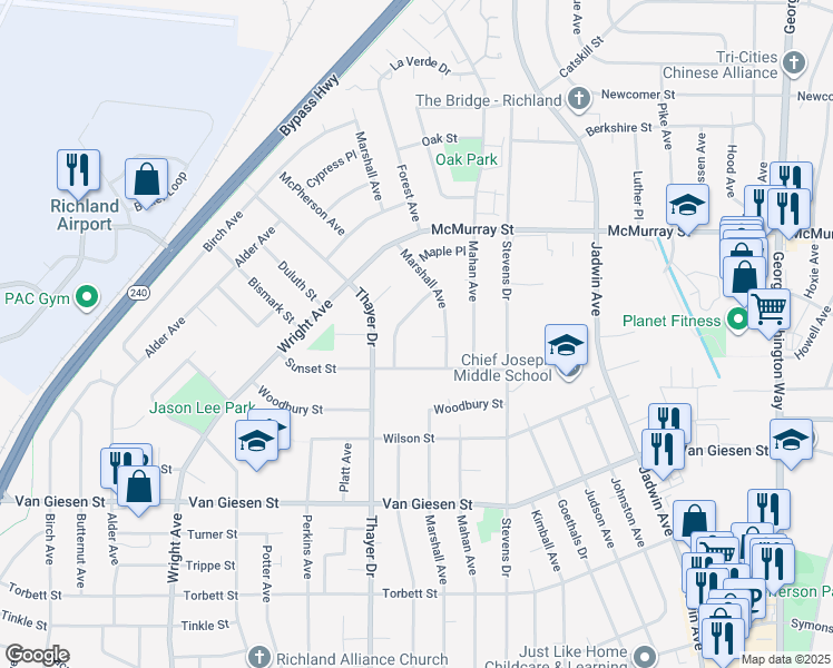 map of restaurants, bars, coffee shops, grocery stores, and more near 1821 Marshall Court in Richland