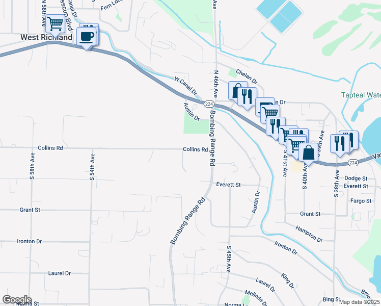 map of restaurants, bars, coffee shops, grocery stores, and more near 4105 Collins Road in West Richland