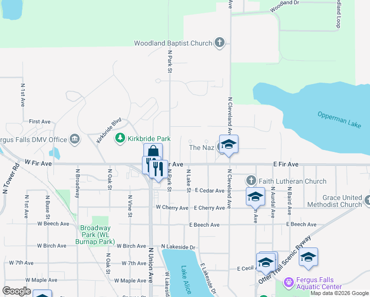map of restaurants, bars, coffee shops, grocery stores, and more near 1317 Linwood Court in Fergus Falls