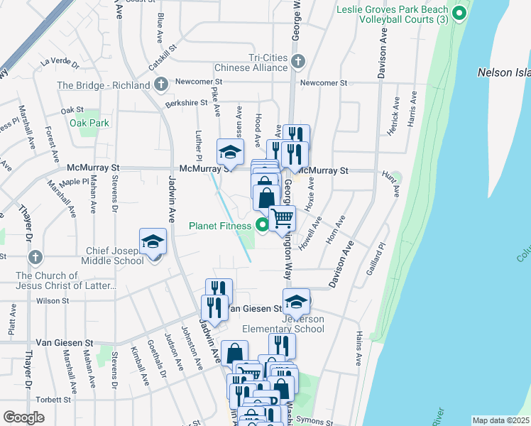 map of restaurants, bars, coffee shops, grocery stores, and more near 1803 George Washington Way in Richland