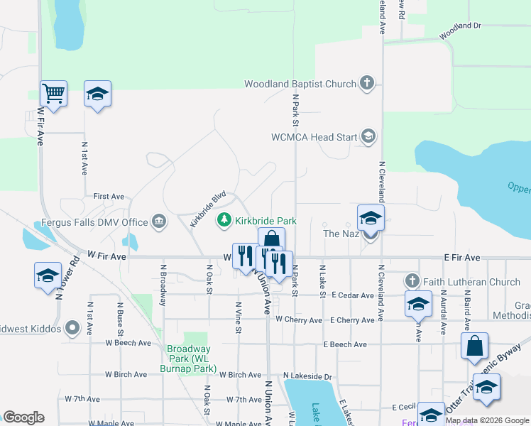 map of restaurants, bars, coffee shops, grocery stores, and more near 1447 Patterson Loop in Fergus Falls
