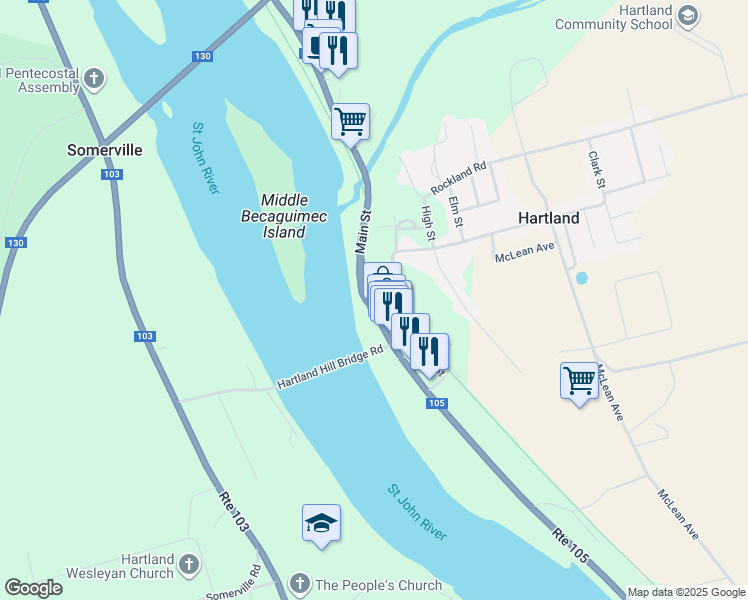 map of restaurants, bars, coffee shops, grocery stores, and more near 410 Main Street in Hartland