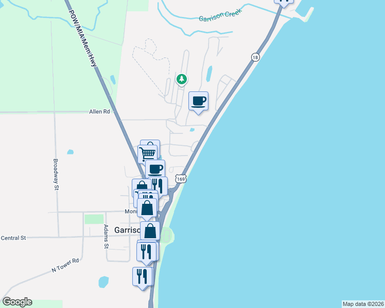 map of restaurants, bars, coffee shops, grocery stores, and more near 9825 U.S. 169 in Garrison