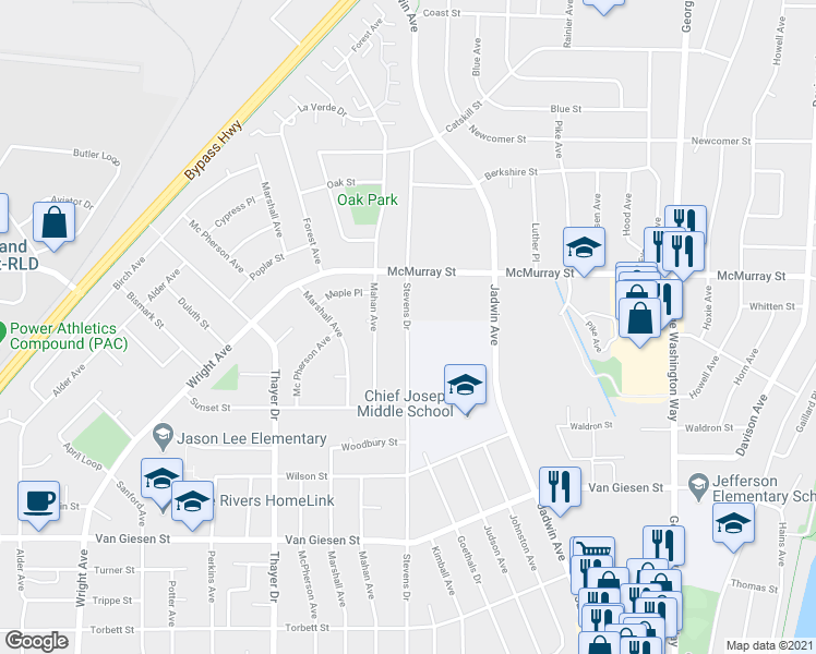 map of restaurants, bars, coffee shops, grocery stores, and more near 1850 Stevens Drive in Richland