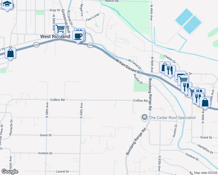 map of restaurants, bars, coffee shops, grocery stores, and more near 5120 Collins Road in West Richland