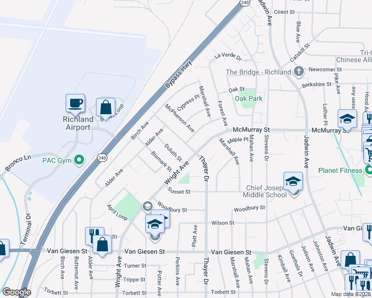 map of restaurants, bars, coffee shops, grocery stores, and more near 1907 Thayer Drive in Richland