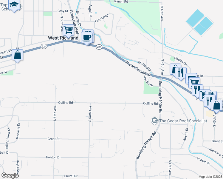 map of restaurants, bars, coffee shops, grocery stores, and more near 5120 Collins Road in West Richland