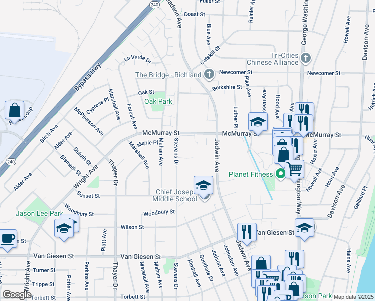 map of restaurants, bars, coffee shops, grocery stores, and more near 1850 Stevens Drive in Richland