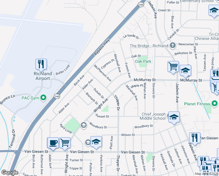 map of restaurants, bars, coffee shops, grocery stores, and more near 1907 Thayer Drive in Richland