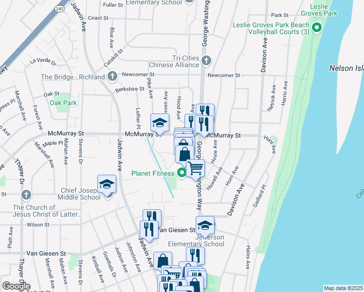 map of restaurants, bars, coffee shops, grocery stores, and more near 1803 George Washington Way in Richland