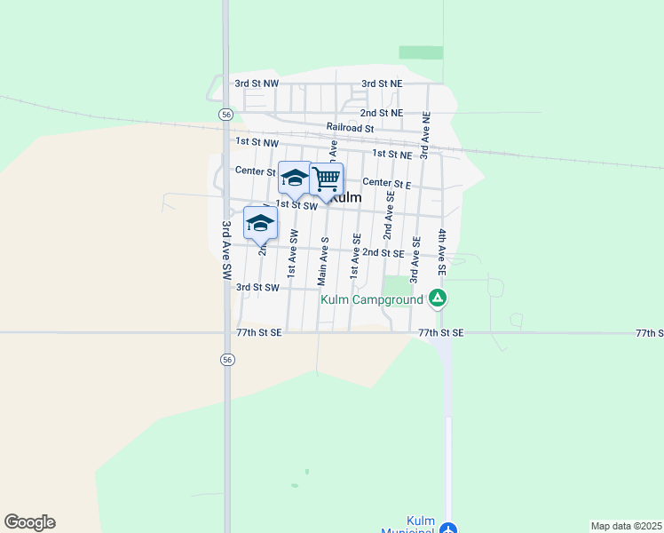 map of restaurants, bars, coffee shops, grocery stores, and more near 200-298 Main Avenue South in Kulm