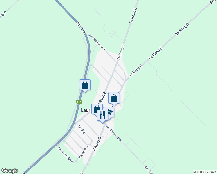 map of restaurants, bars, coffee shops, grocery stores, and more near 172 Rue Dube in Laurierville