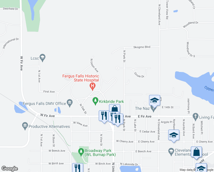 map of restaurants, bars, coffee shops, grocery stores, and more near 1628 Patterson Loop in Fergus Falls