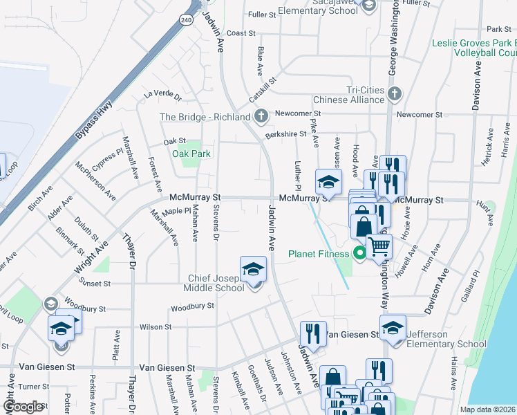 map of restaurants, bars, coffee shops, grocery stores, and more near in Richland