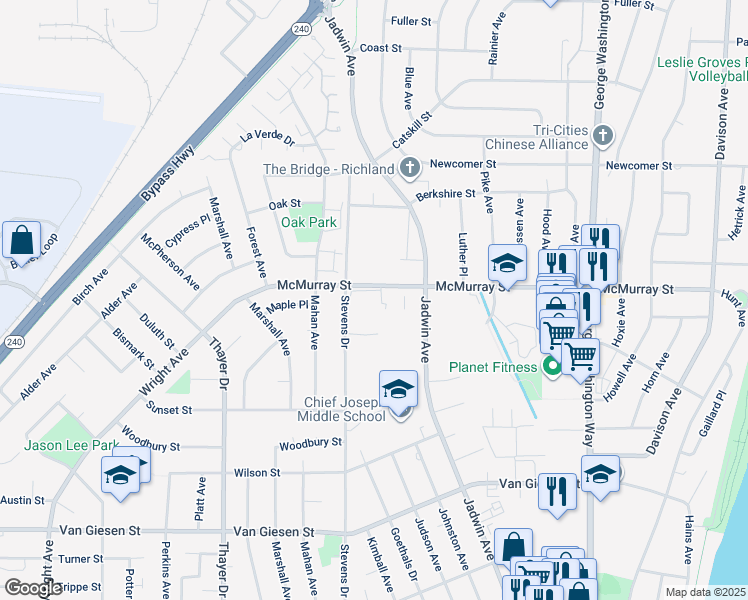 map of restaurants, bars, coffee shops, grocery stores, and more near 777 McMurray Street in Richland