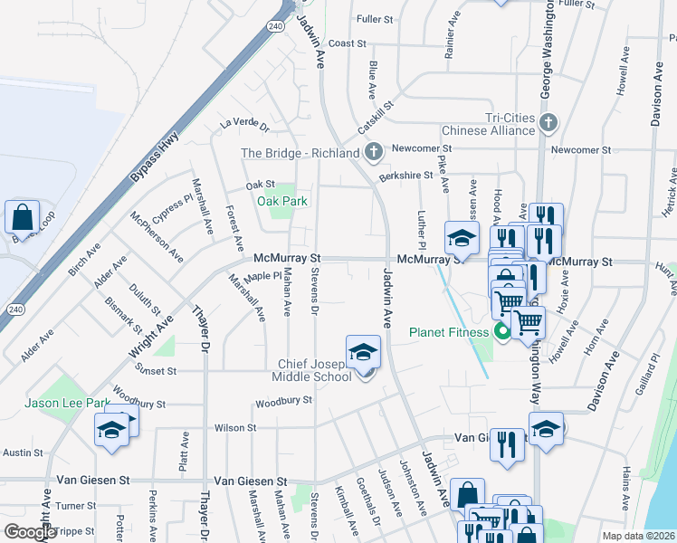 map of restaurants, bars, coffee shops, grocery stores, and more near 777 McMurray Street in Richland
