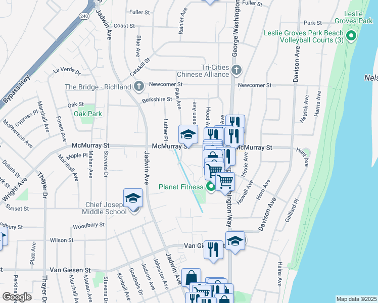 map of restaurants, bars, coffee shops, grocery stores, and more near 605 McMurray Street in Richland