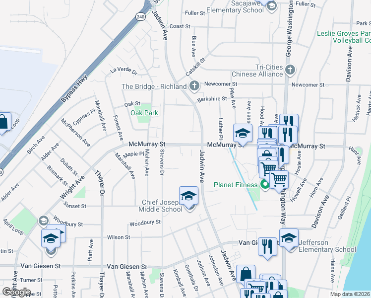 map of restaurants, bars, coffee shops, grocery stores, and more near 777 McMurray Street in Richland