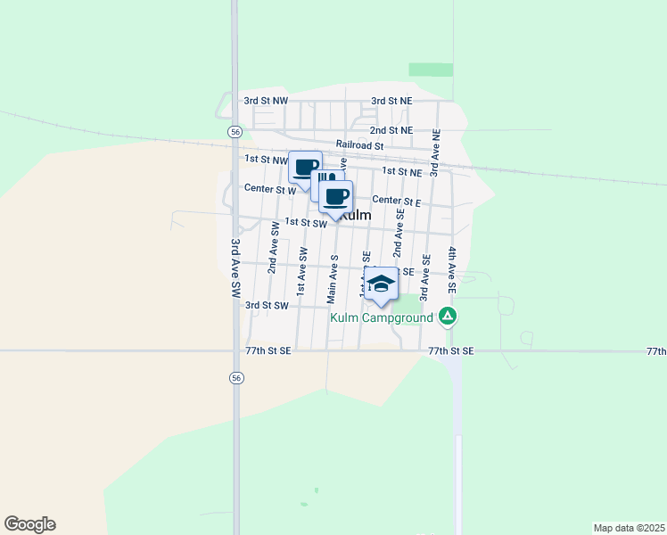 map of restaurants, bars, coffee shops, grocery stores, and more near 200 Main Avenue South in Kulm
