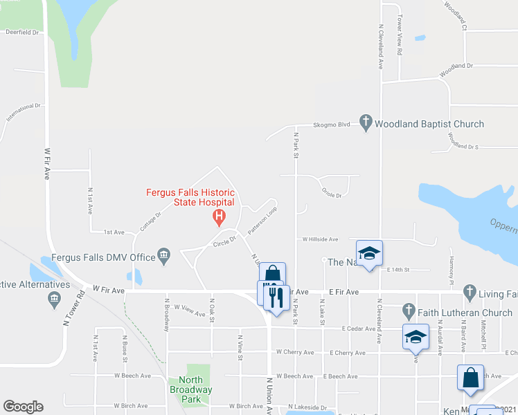 map of restaurants, bars, coffee shops, grocery stores, and more near 1628 Patterson Loop in Fergus Falls