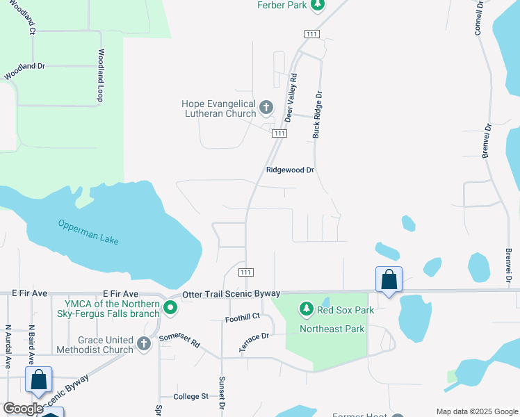 map of restaurants, bars, coffee shops, grocery stores, and more near 1620 County Highway 111 in Fergus Falls
