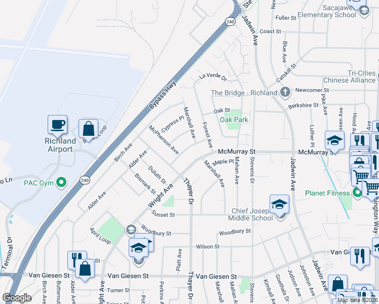 map of restaurants, bars, coffee shops, grocery stores, and more near 1918 Poplar Street in Richland