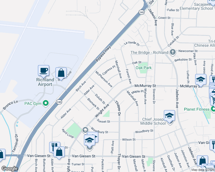 map of restaurants, bars, coffee shops, grocery stores, and more near 1931 McPherson Avenue in Richland