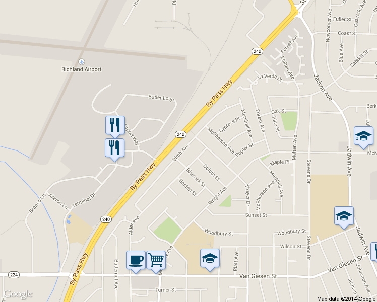 map of restaurants, bars, coffee shops, grocery stores, and more near 1886 Birch Avenue in Richland