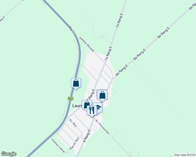 map of restaurants, bars, coffee shops, grocery stores, and more near 177 Rue Dube in Laurierville