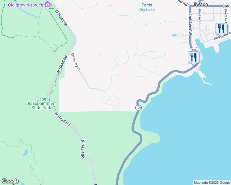 map of restaurants, bars, coffee shops, grocery stores, and more near 3240 Overlook Loop in Ilwaco