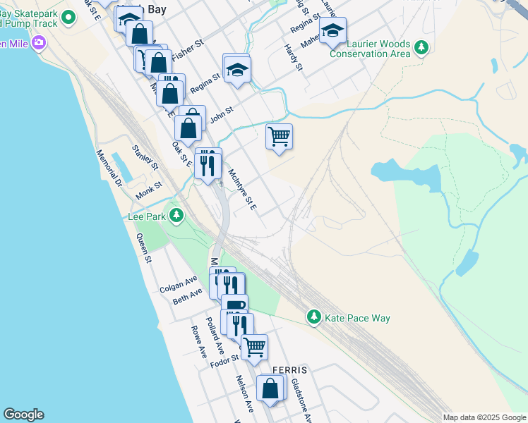 map of restaurants, bars, coffee shops, grocery stores, and more near 898 McIntyre Street East in North Bay