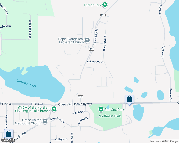 map of restaurants, bars, coffee shops, grocery stores, and more near 1620 County Highway 111 in Fergus Falls