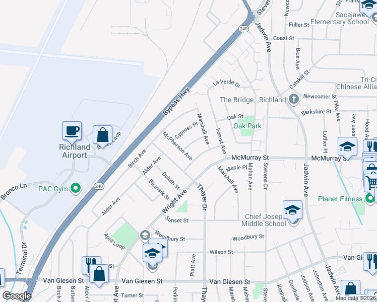 map of restaurants, bars, coffee shops, grocery stores, and more near 1931 McPherson Avenue in Richland