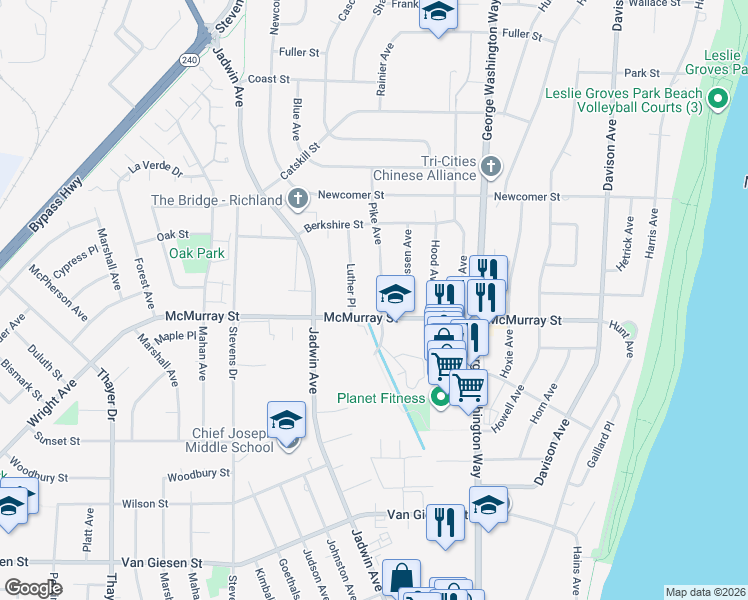 map of restaurants, bars, coffee shops, grocery stores, and more near 1901 Pike Avenue in Richland