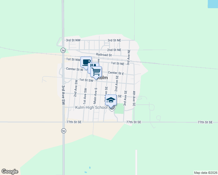 map of restaurants, bars, coffee shops, grocery stores, and more near 100-198 1st Avenue Southeast in Kulm