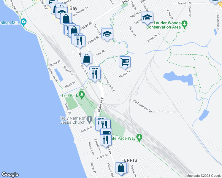 map of restaurants, bars, coffee shops, grocery stores, and more near 833 McIntyre Street East in North Bay
